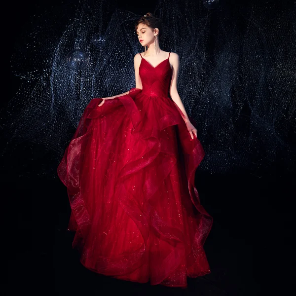 Charming Burgundy Evening Dresses 2019 A-Line / Princess Spaghetti Straps Sleeveless Glitter Tulle Floor-Length / Long Cascading Ruffles Backless Formal Dresses