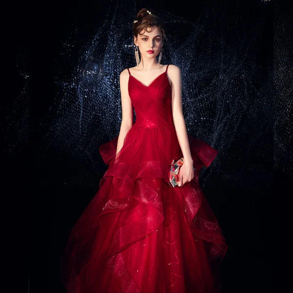 Charming Burgundy Evening Dresses 2019 A-Line / Princess Spaghetti Straps Sleeveless Glitter Tulle Floor-Length / Long Cascading Ruffles Backless Formal Dresses