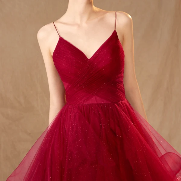 Charming Burgundy Evening Dresses 2019 A-Line / Princess Spaghetti Straps Sleeveless Glitter Tulle Floor-Length / Long Cascading Ruffles Backless Formal Dresses