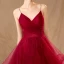 Charming Burgundy Evening Dresses  2019 A-Line / Princess Spaghetti Straps Sleeveless Glitter Tulle Floor-Length / Long Cascading Ruffles Backless Formal Dresses