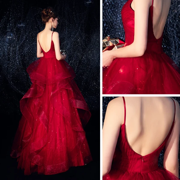 Charming Burgundy Evening Dresses 2019 A-Line / Princess Spaghetti Straps Sleeveless Glitter Tulle Floor-Length / Long Cascading Ruffles Backless Formal Dresses