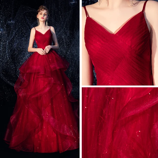 Charming Burgundy Evening Dresses 2019 A-Line / Princess Spaghetti Straps Sleeveless Glitter Tulle Floor-Length / Long Cascading Ruffles Backless Formal Dresses