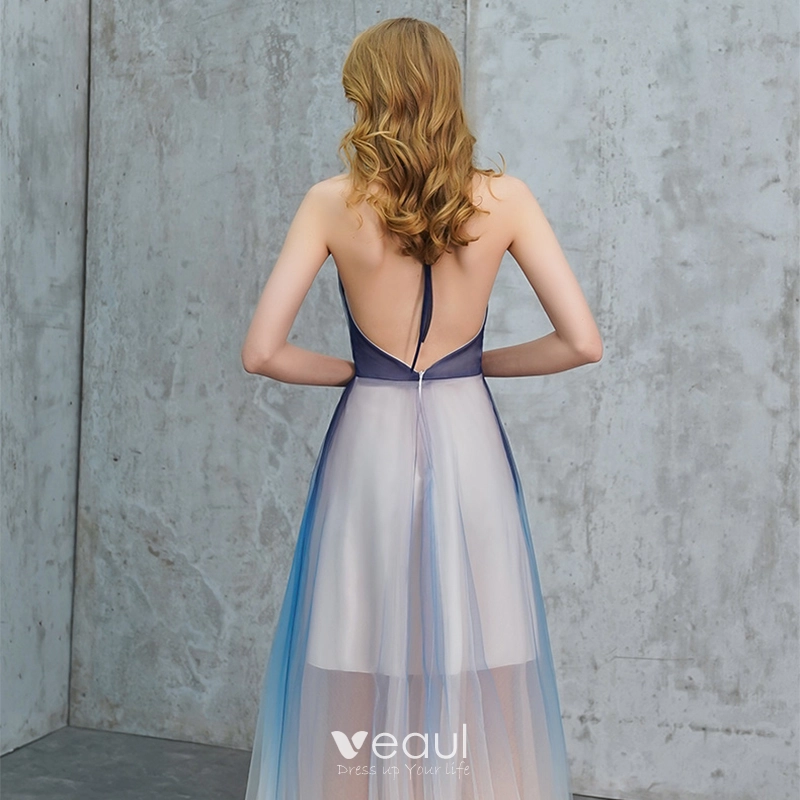 Sexy Bleu Roi Degrade De Couleur Ete Robe De Soiree 2019 Princesse Titulaire Sans Manches Longue Volants Dos Nu Robe De Ceremonie