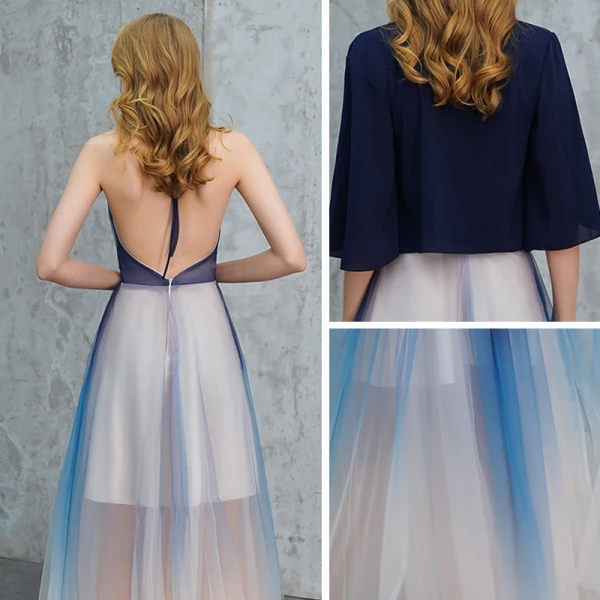 Sexy Königliches Blau Farbverlauf Sommer Abendkleider 2019 A Linie Neckholder Ärmellos Lange Rüschen Rückenfreies Festliche Kleider