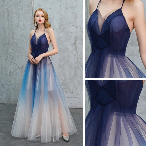 Sexy Königliches Blau Farbverlauf Sommer Abendkleider 2019 A Linie Neckholder Ärmellos Lange Rüschen Rückenfreies Festliche Kleider