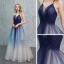 Sexy Königliches Blau Farbverlauf Sommer Abendkleider 2019 A Linie Neckholder Ärmellos Lange Rüschen Rückenfreies Festliche Kleider
