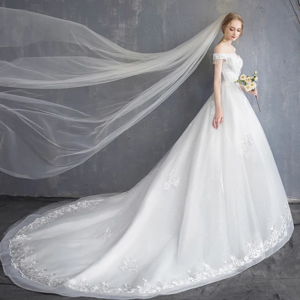 Affordable Ivory Wedding Dresses 2019 A-Line / Princess Off-The-Shoulder Short Sleeve Backless Appliques Lace Beading Tassel Chapel Train Ruffle