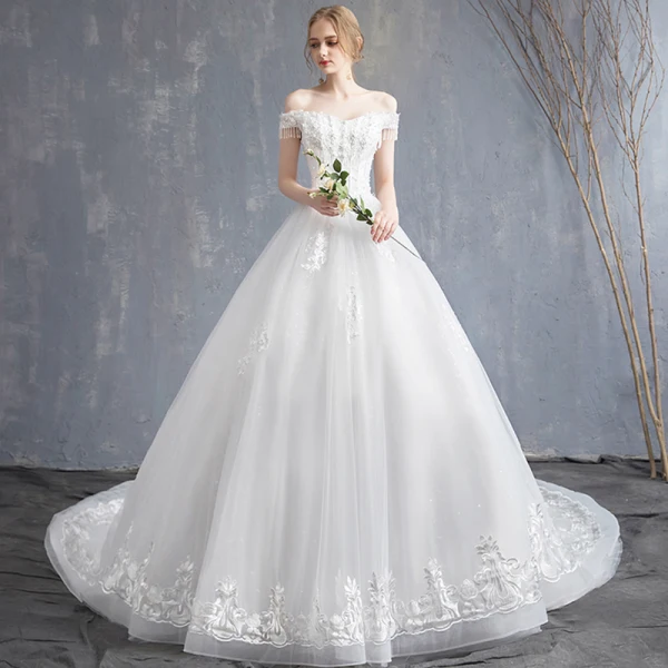 Affordable Ivory Wedding Dresses 2019 A-Line / Princess Off-The-Shoulder Short Sleeve Backless Appliques Lace Beading Tassel Chapel Train Ruffle