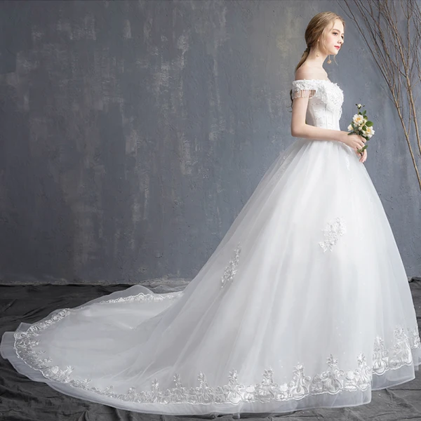 Affordable Ivory Wedding Dresses 2019 A-Line / Princess Off-The-Shoulder Short Sleeve Backless Appliques Lace Beading Tassel Chapel Train Ruffle