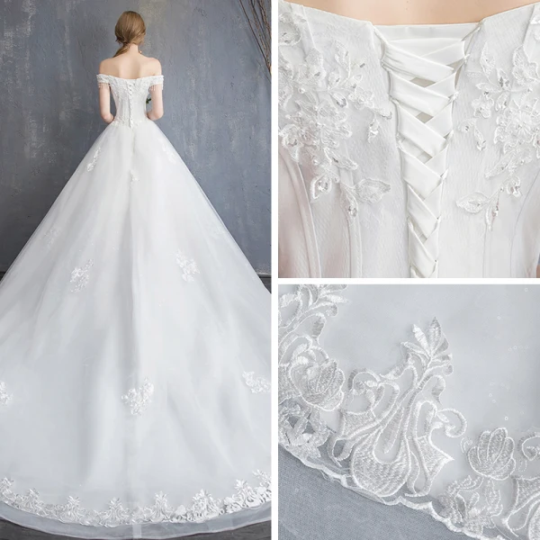 Affordable Ivory Wedding Dresses 2019 A-Line / Princess Off-The-Shoulder Short Sleeve Backless Appliques Lace Beading Tassel Chapel Train Ruffle