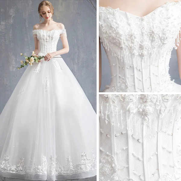 Affordable Ivory Wedding Dresses 2019 A-Line / Princess Off-The-Shoulder Short Sleeve Backless Appliques Lace Beading Tassel Chapel Train Ruffle
