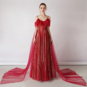 Bling Bling Bordeaux Robe De Soirée 2019 Princesse Bretelles Spaghetti Manches Courtes Glitter Tulle Détachable Watteau Train Dos Nu Volants Robe De Ceremonie