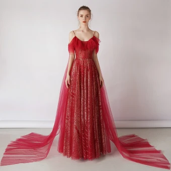 Bling Bling Burgundy Evening Dresses 2019 A Line Princess Spaghetti Straps Short Sleeve Glitter Tulle Detachable Watteau Train Backless Ruffle Formal Dresses
