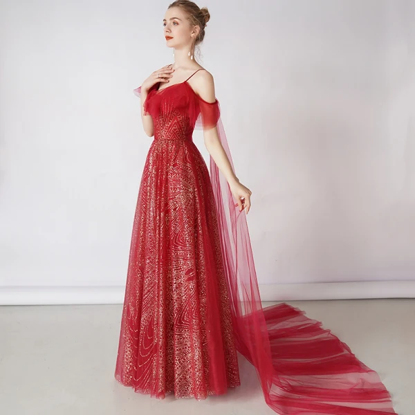 Bling Bling Burgundy Evening Dresses 2019 A-Line / Princess Spaghetti Straps Short Sleeve Glitter Tulle Detachable Watteau Train Backless Ruffle Formal Dresses