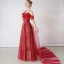 Bling Bling Burgundy Evening Dresses  2019 A-Line / Princess Spaghetti Straps Short Sleeve Glitter Tulle Detachable Watteau Train Backless Ruffle Formal Dresses