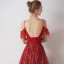 Bling Bling Burgundy Evening Dresses  2019 A-Line / Princess Spaghetti Straps Short Sleeve Glitter Tulle Detachable Watteau Train Backless Ruffle Formal Dresses