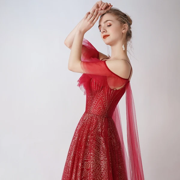 Bling Bling Burgundy Evening Dresses 2019 A-Line / Princess Spaghetti Straps Short Sleeve Glitter Tulle Detachable Watteau Train Backless Ruffle Formal Dresses