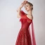 Bling Bling Burgundy Evening Dresses  2019 A-Line / Princess Spaghetti Straps Short Sleeve Glitter Tulle Detachable Watteau Train Backless Ruffle Formal Dresses