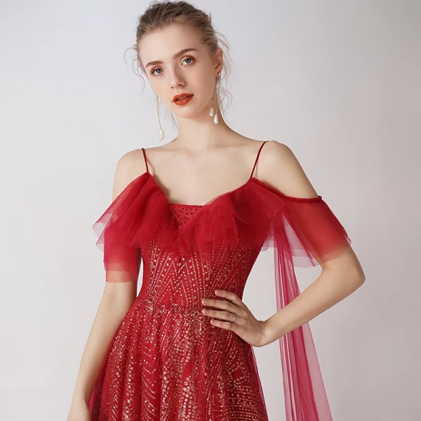 Bling Bling Burgundy Evening Dresses 2019 A-Line / Princess Spaghetti Straps Short Sleeve Glitter Tulle Detachable Watteau Train Backless Ruffle Formal Dresses