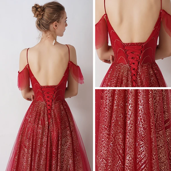 Bling Bling Burgundy Evening Dresses 2019 A-Line / Princess Spaghetti Straps Short Sleeve Glitter Tulle Detachable Watteau Train Backless Ruffle Formal Dresses