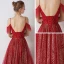 Bling Bling Burgundy Evening Dresses  2019 A-Line / Princess Spaghetti Straps Short Sleeve Glitter Tulle Detachable Watteau Train Backless Ruffle Formal Dresses