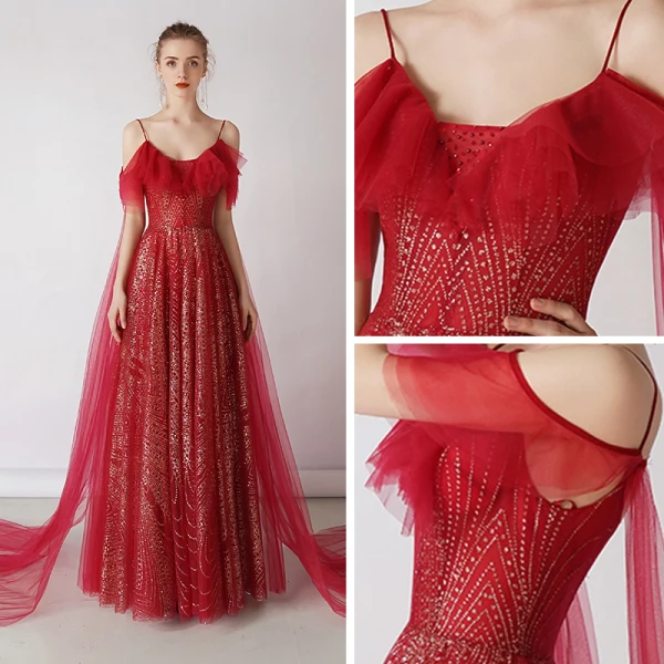 Bling Bling Burgundy Evening Dresses 2019 A-Line / Princess Spaghetti Straps Short Sleeve Glitter Tulle Detachable Watteau Train Backless Ruffle Formal Dresses