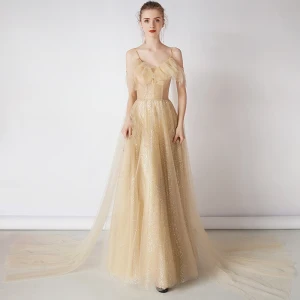 Bling Bling Champagne Gold Evening Dresses 2019 A Line Princess Spaghetti Straps Short Sleeve Glitter Tulle Detachable Watteau Train Ruffle Backless Formal Dresses