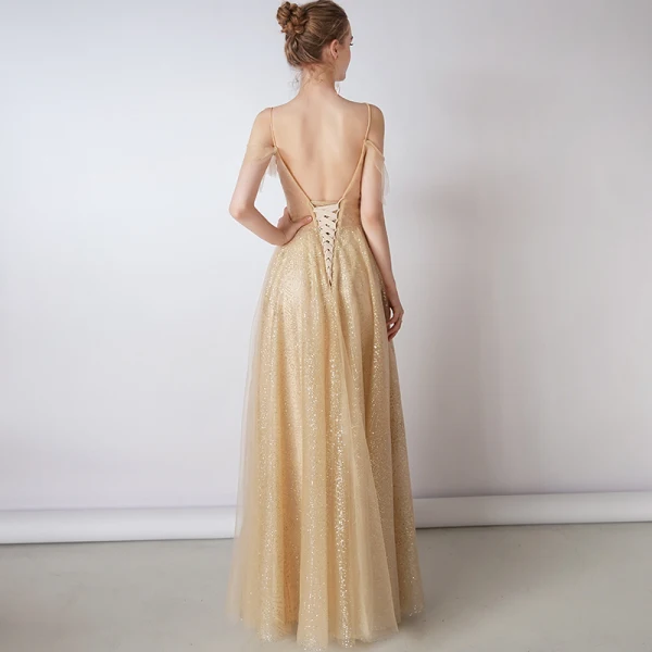 Bling Bling Champagne Doré Robe De Soirée 2019 Princesse Bretelles Spaghetti Manches Courtes Glitter Tulle Détachable Watteau Train Volants Dos Nu Robe De Ceremonie