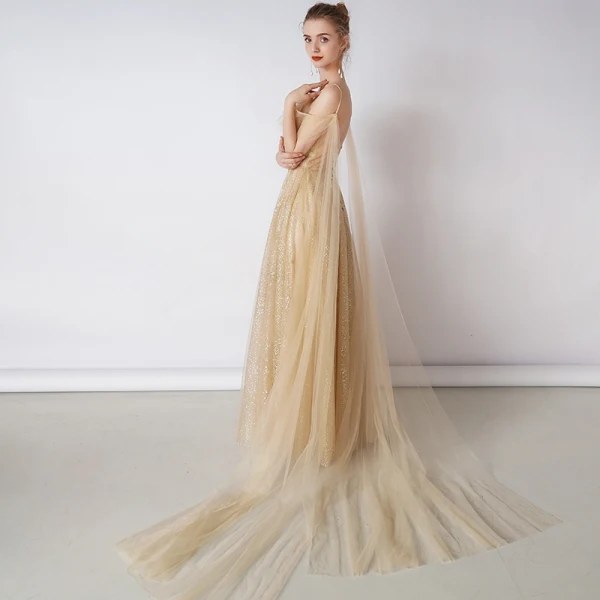Bling Bling Champagne Doré Robe De Soirée 2019 Princesse Bretelles Spaghetti Manches Courtes Glitter Tulle Détachable Watteau Train Volants Dos Nu Robe De Ceremonie