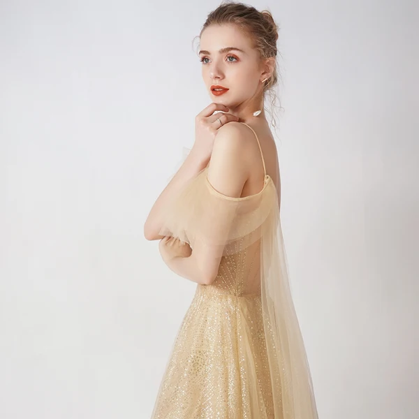 Bling Bling Champagne Doré Robe De Soirée 2019 Princesse Bretelles Spaghetti Manches Courtes Glitter Tulle Détachable Watteau Train Volants Dos Nu Robe De Ceremonie