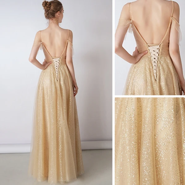Bling Bling Champagne Doré Robe De Soirée 2019 Princesse Bretelles Spaghetti Manches Courtes Glitter Tulle Détachable Watteau Train Volants Dos Nu Robe De Ceremonie