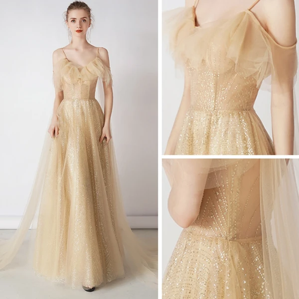 Bling Bling Champagne Doré Robe De Soirée 2019 Princesse Bretelles Spaghetti Manches Courtes Glitter Tulle Détachable Watteau Train Volants Dos Nu Robe De Ceremonie