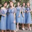Discount Sky Blue Bridesmaid Dresses 2019 A-Line / Princess See-through Appliques Lace Tea-length Ruffle Backless Wedding Party Dresses