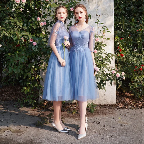 Discount Sky Blue Bridesmaid Dresses 2019 A-Line / Princess See-through Appliques Lace Tea-length Ruffle Backless Wedding Party Dresses