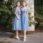 Discount Sky Blue Bridesmaid Dresses 2019 A-Line / Princess See-through Appliques Lace Tea-length Ruffle Backless Wedding Party Dresses