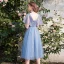 Discount Sky Blue Bridesmaid Dresses 2019 A-Line / Princess See-through Appliques Lace Tea-length Ruffle Backless Wedding Party Dresses
