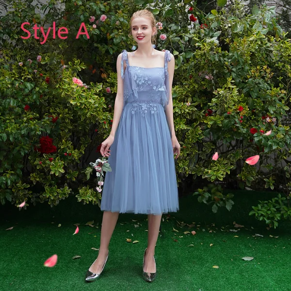 Discount Sky Blue Bridesmaid Dresses 2019 A-Line / Princess See-through Appliques Lace Tea-length Ruffle Backless Wedding Party Dresses