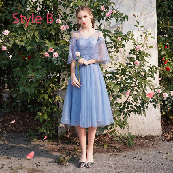 Discount Sky Blue Bridesmaid Dresses 2019 A-Line / Princess See-through Appliques Lace Tea-length Ruffle Backless Wedding Party Dresses