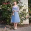 Discount Sky Blue Bridesmaid Dresses 2019 A-Line / Princess See-through Appliques Lace Tea-length Ruffle Backless Wedding Party Dresses