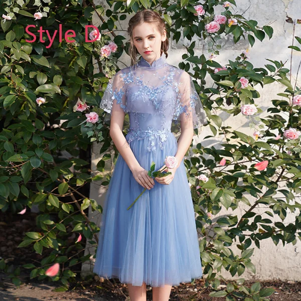 Discount Sky Blue Bridesmaid Dresses 2019 A-Line / Princess See-through Appliques Lace Tea-length Ruffle Backless Wedding Party Dresses