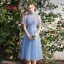 Discount Sky Blue Bridesmaid Dresses 2019 A-Line / Princess See-through Appliques Lace Tea-length Ruffle Backless Wedding Party Dresses