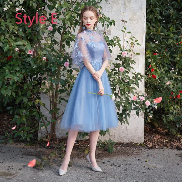 Discount Sky Blue Bridesmaid Dresses 2019 A-Line / Princess See-through Appliques Lace Tea-length Ruffle Backless Wedding Party Dresses