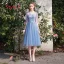 Discount Sky Blue Bridesmaid Dresses 2019 A-Line / Princess See-through Appliques Lace Tea-length Ruffle Backless Wedding Party Dresses