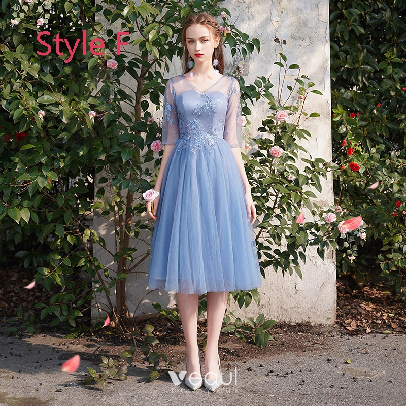 Discount Sky Blue Bridesmaid Dresses 2019 A-Line / Princess See-through  Appliques Lace Tea-length Ruffle Backless Wedding Party Dresses