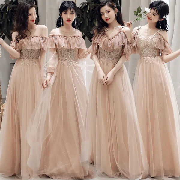 Affordable Champagne Bridesmaid Dresses 2019 A-Line / Princess Appliques Lace Beading Glitter Tulle Floor-Length / Long Ruffle Wedding Party Dresses