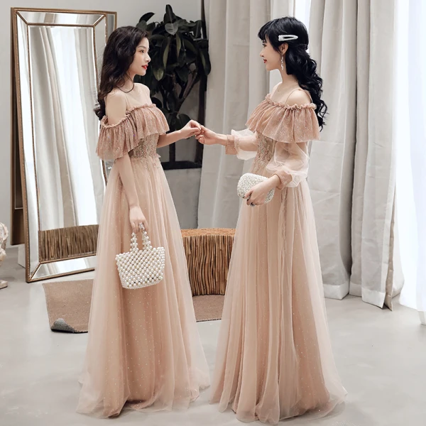 Rimelig Champagne Brudepikekjoler 2019 Prinsesse Appliques Blonder Beading Glitter Tyll Lange Buste Kjoler Til Bryllup