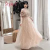Affordable Champagne Bridesmaid Dresses 2019 A-Line / Princess Appliques Lace Beading Glitter Tulle Floor-Length / Long Ruffle Wedding Party Dresses