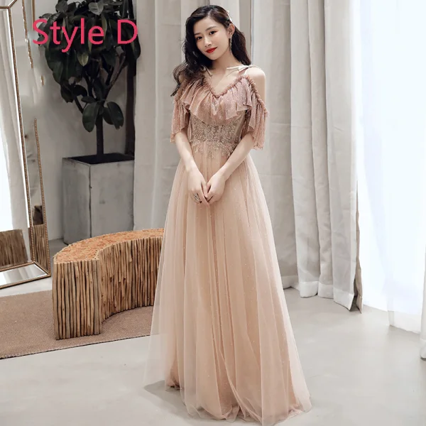 Affordable Champagne Bridesmaid Dresses 2019 A-Line / Princess Appliques Lace Beading Glitter Tulle Floor-Length / Long Ruffle Wedding Party Dresses