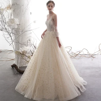 Elegant Champagne Wedding Dresses 2019 A Line Princess Spaghetti Straps Backless Beading Sleeveless Glitter Star Tulle Floor Length Long Ruffle