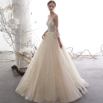 Elegant Champagne Wedding Dresses 2019 A Line Princess Spaghetti Straps Backless Beading Sleeveless Glitter Star Tulle Floor Length Long Ruffle